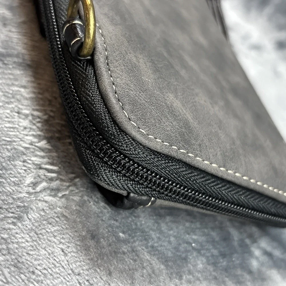 BOC Mineral Blue Gray Zip-Around Clutch Wallet Wristlet‎ Suede Pebbled Leather